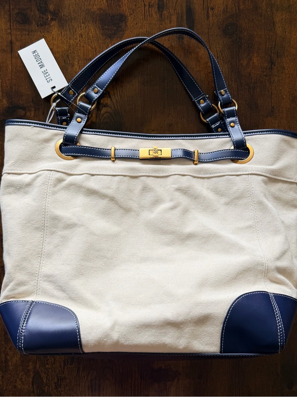 Steve Madden Beige Canvas Tote with Navy Trim & Navy Bonus Crossbody Bag 2-in-1